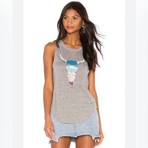 Chaser Muscle Tee Tank-top with Aztec Skeleton Bull Design, Grey, Size XS